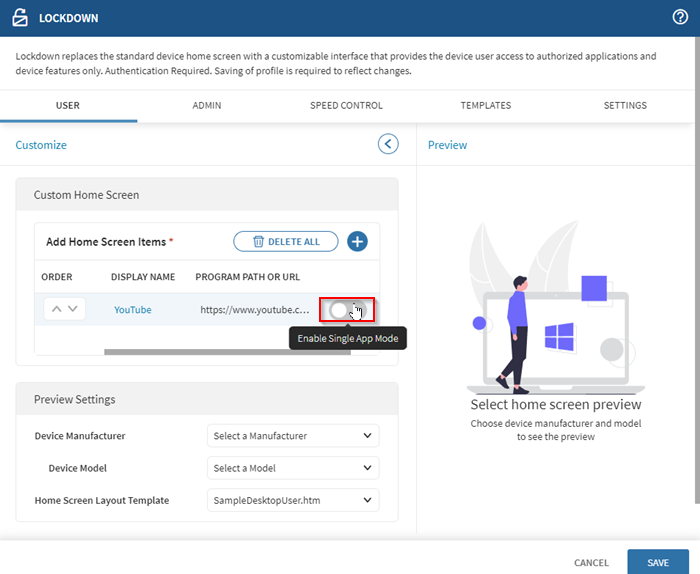 Selecting Enable Single App Mode in the User tab of the Lockdown configuration.
