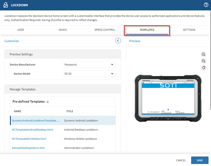 The Templates tab in the Lockdown configuration.