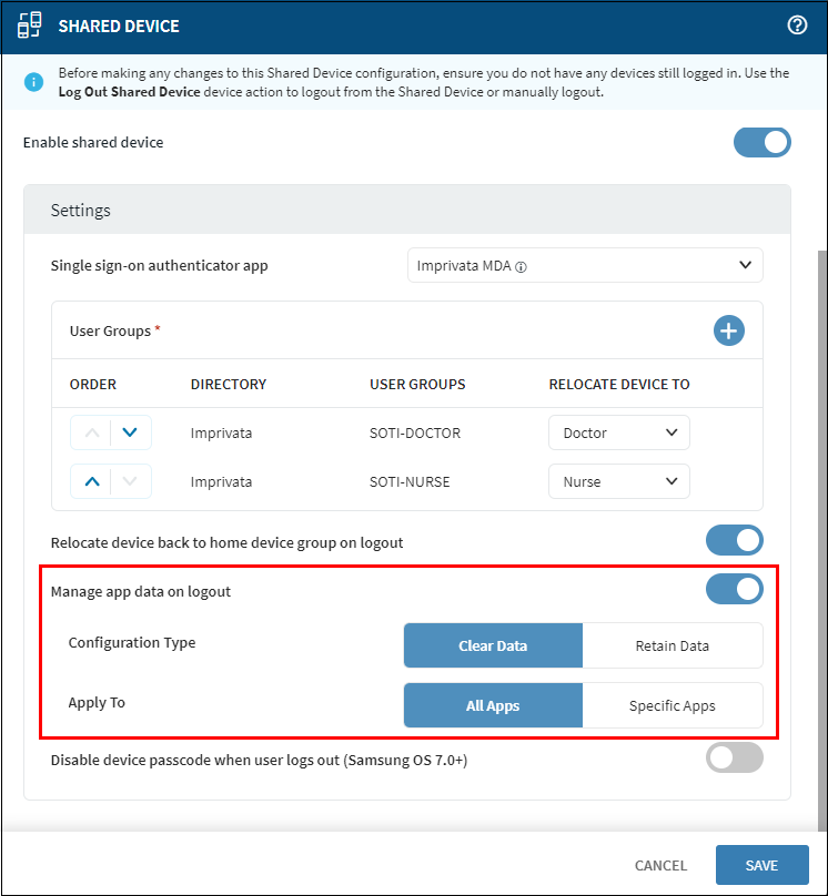 Shared Device panel with Manage App Data on Logout controls highlighted