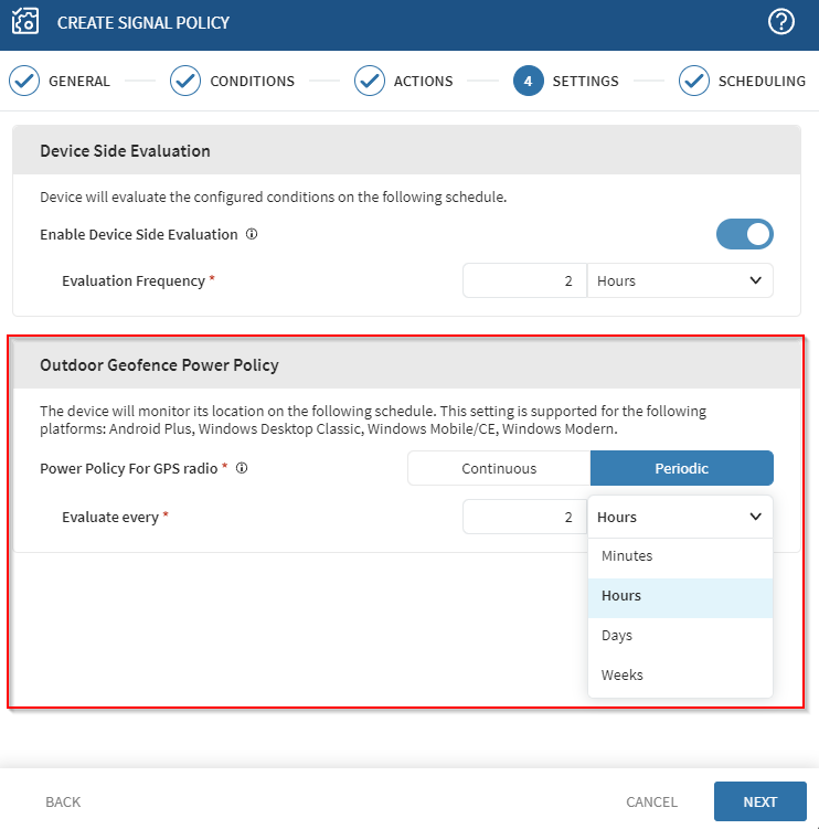 Setting an evaluation frequency for Outdoor Geofence Power Policy.