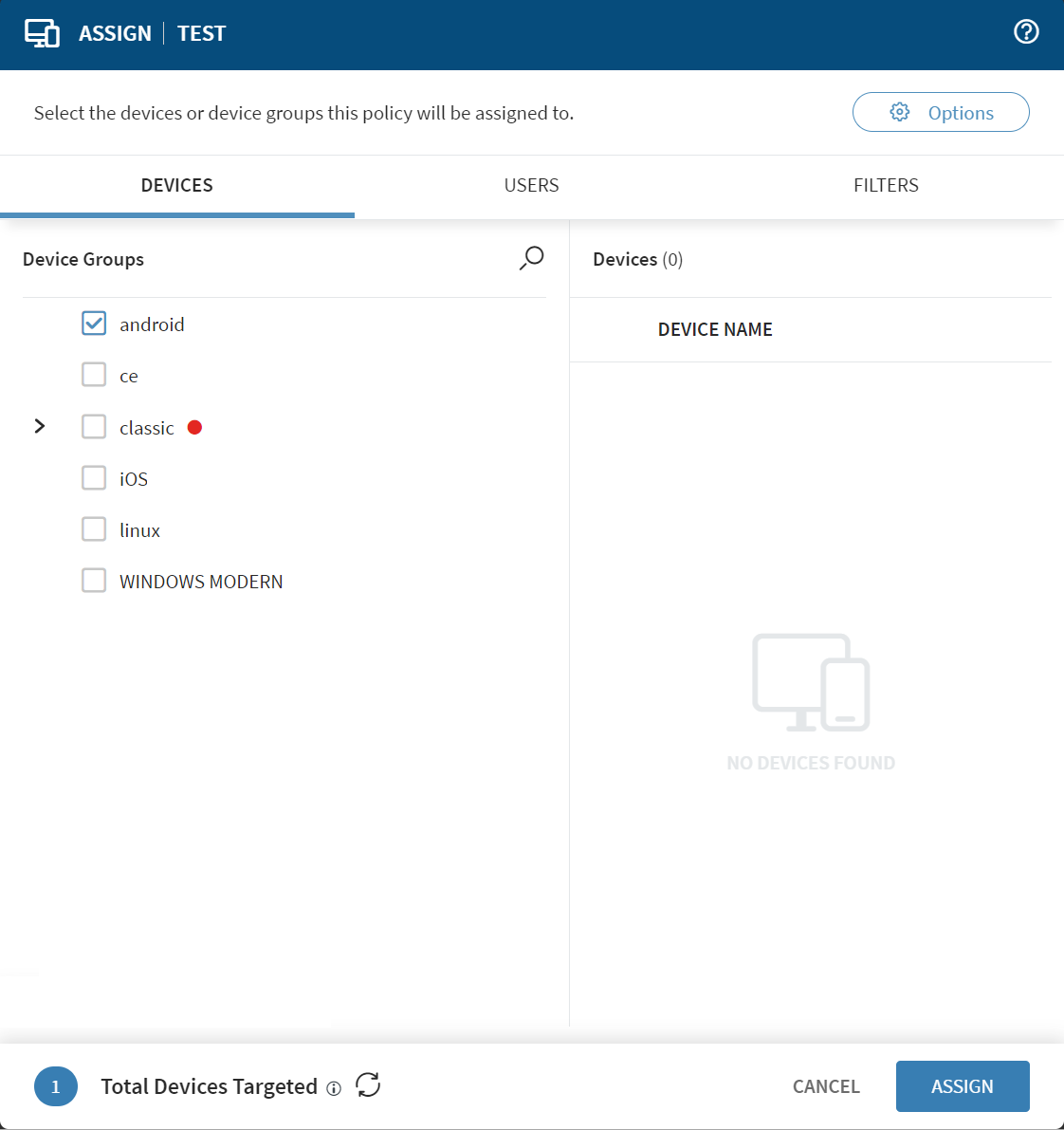 The Assign dialog for a file sync policy
