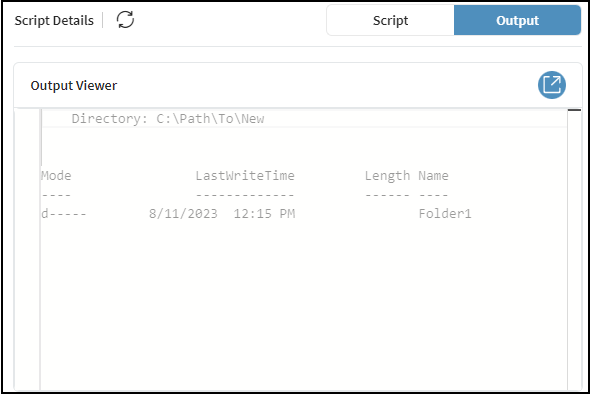 Output tab of the Script Details panel