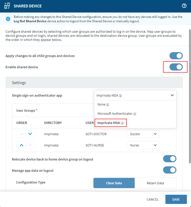 Shared device screen with Enable Shared Device toggle selected and Imprivata MDA highlighted in the Single sign-on authenticator app dropdown