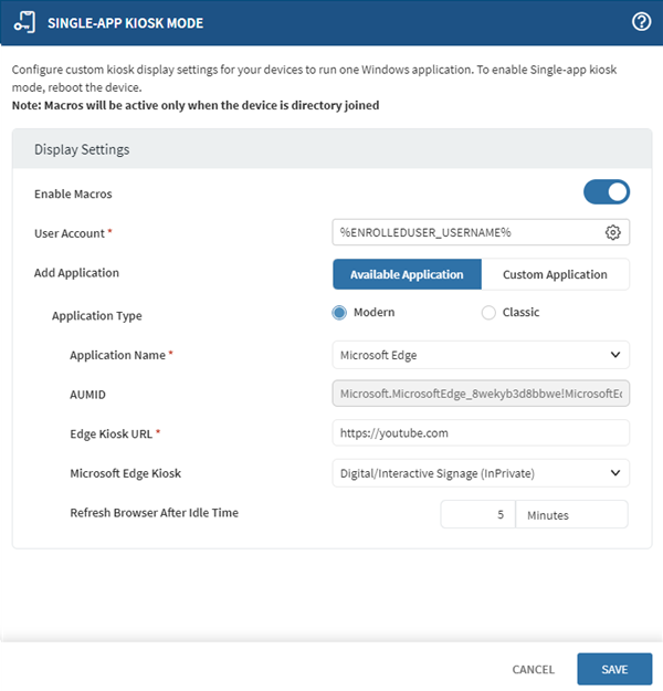 Configuring a Single App Kiosk Mode profile configuration.