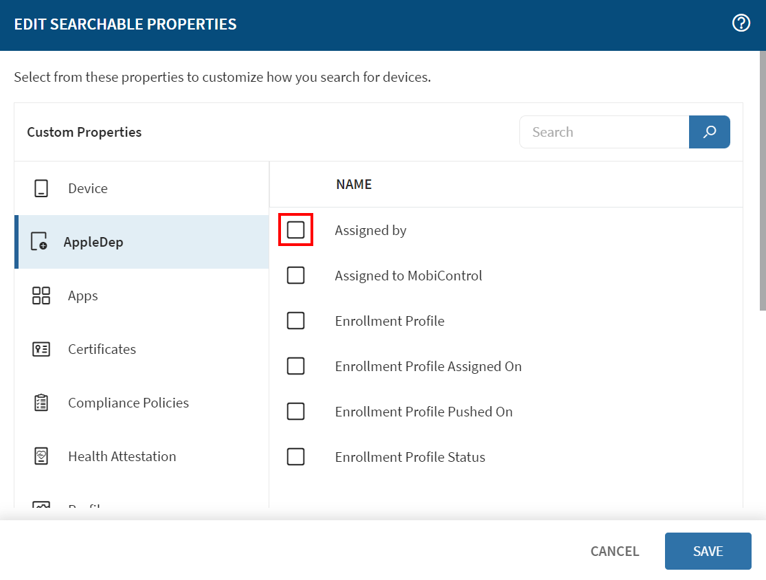 Edit Searchable Properties dialog box