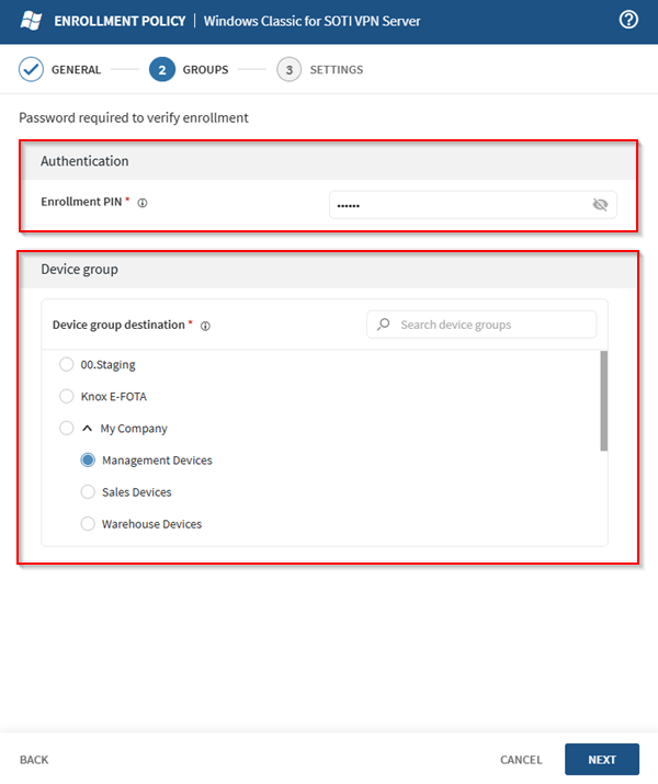 Adding an authentication PIN and specifying the destination group.