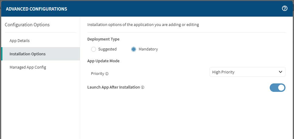 Advanced Configurations Screen