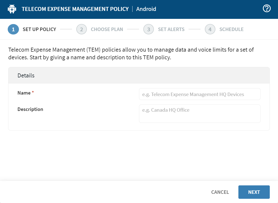 Android Set Up Policy form