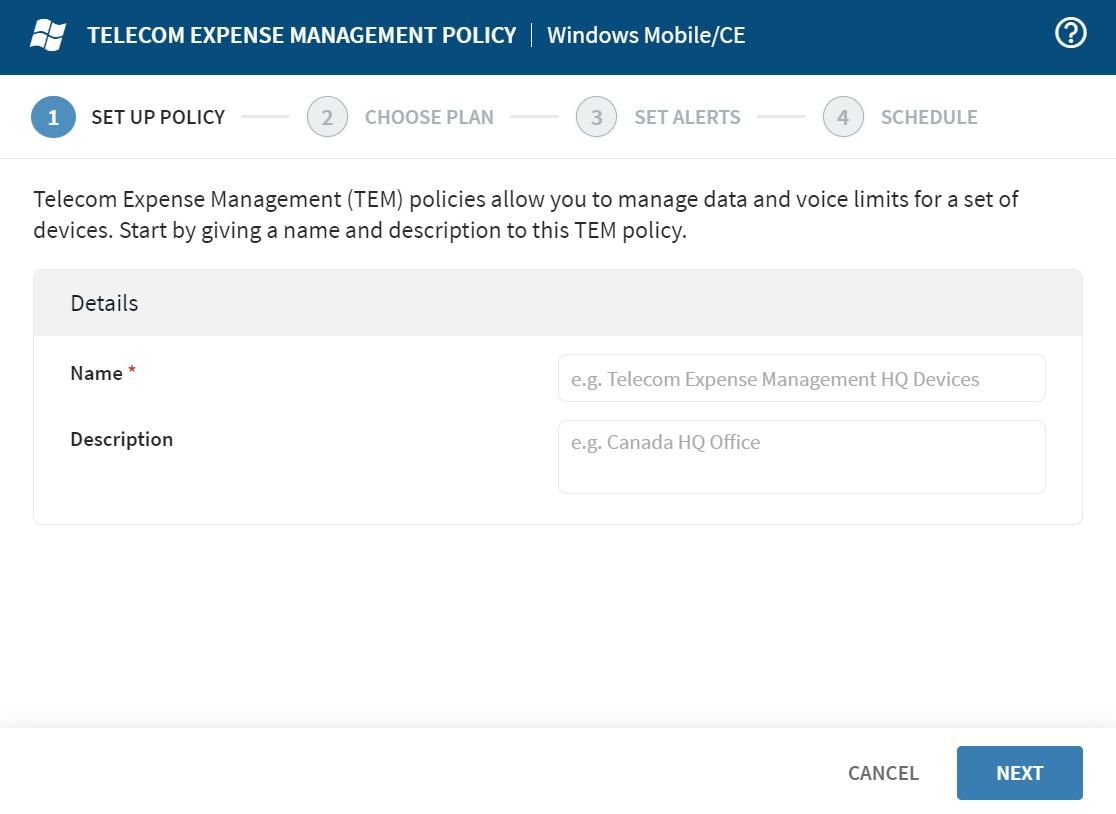 Windows Mobile/CE Set Up Policy form