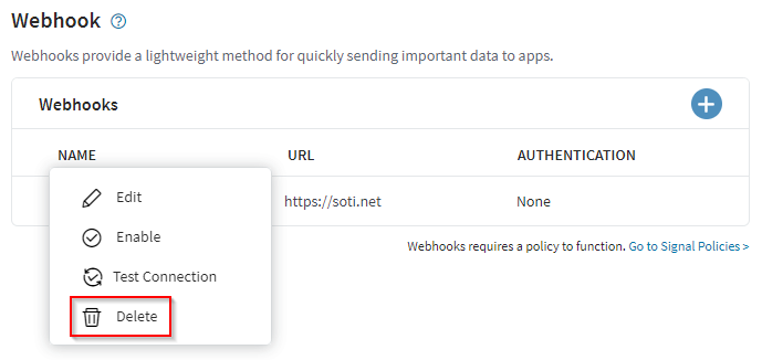 Webhooks delete pop-up