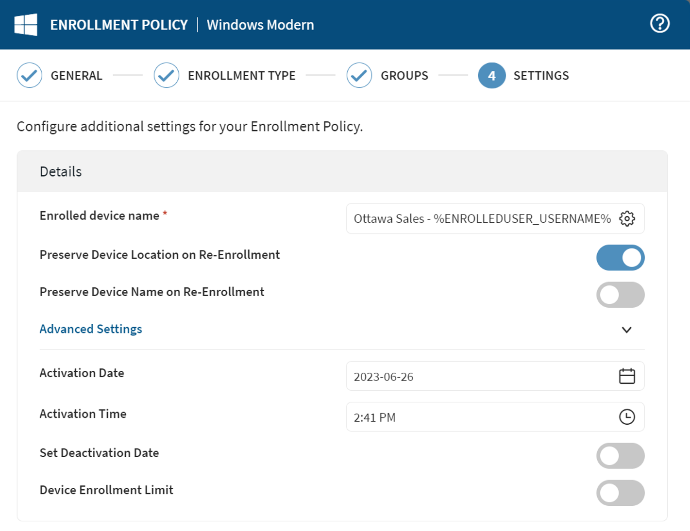 Settings options