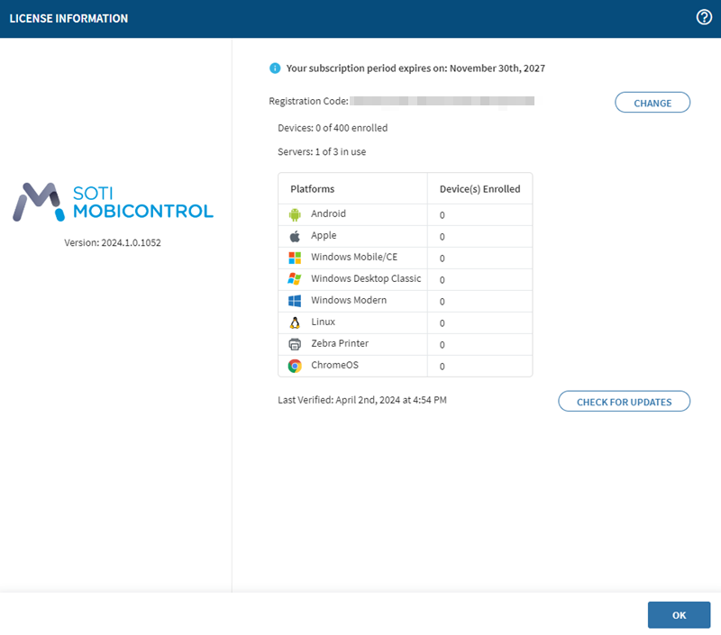 License Information window