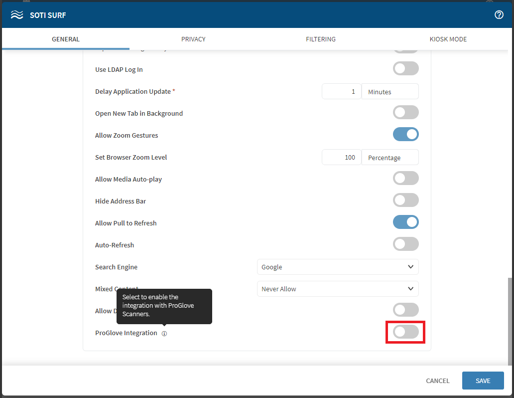 Surf Profile General settings with ProGlove option highlighted