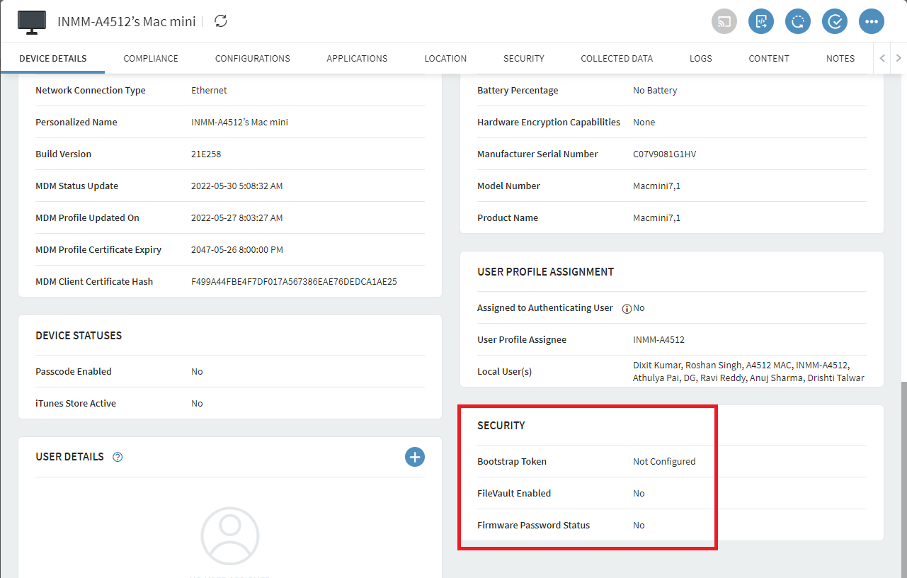 Boostrap Token information shown in the Device Details tab.