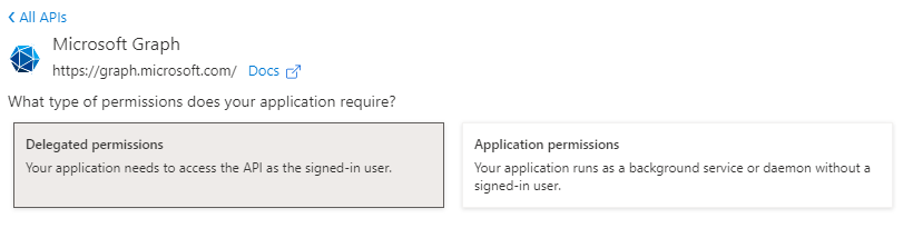 Microsoft Entra ID Microsoft Graph delegated permissions selection.