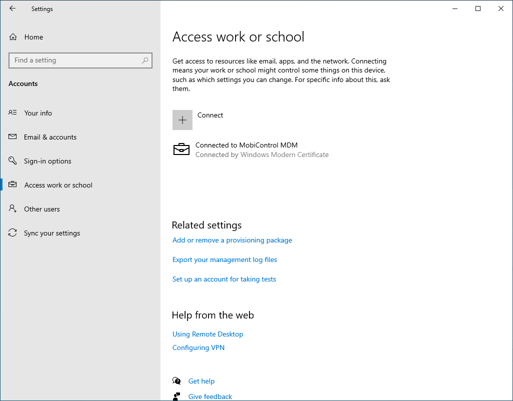 Connections list for work or school access