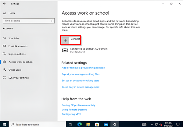 Connections list for work or school access
