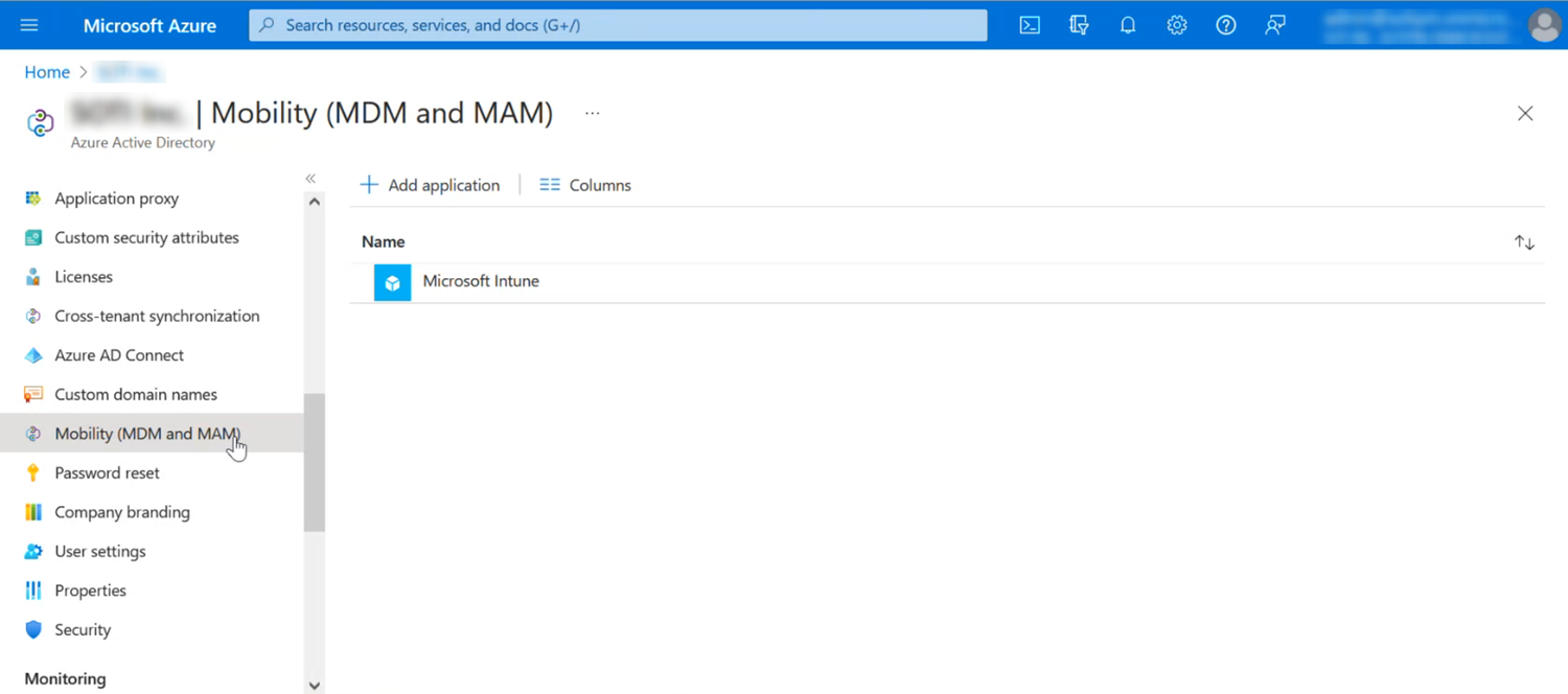 The Mobility (MDM and MAM) window.