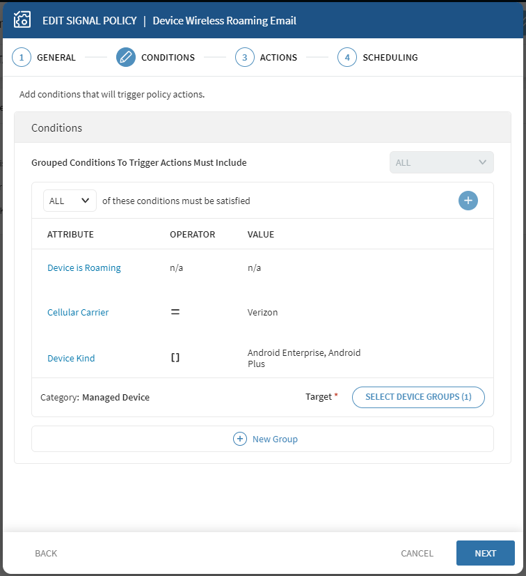 Example Signal conditions for device roaming monitoring