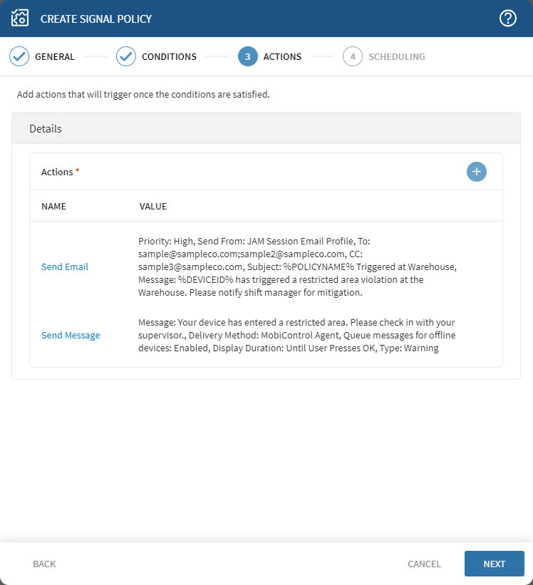 Signal Wizard action step with two actions added