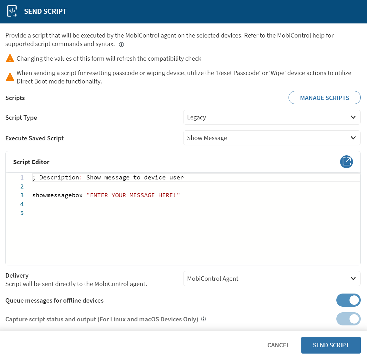 A Send Script window with Create New Script highlighted.