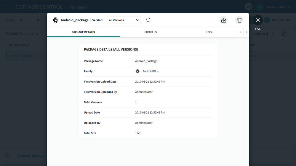 The Packages Details tab in the SOTI MobiControl console.