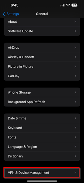Navigating to the VPN settings on the iOS device.