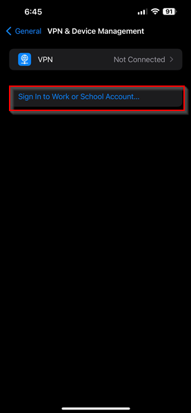 Signing in to a Work or School Account on an iOS device.