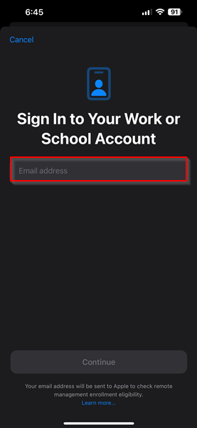 Signing in with a Managed Apple ID on an iOS device.
