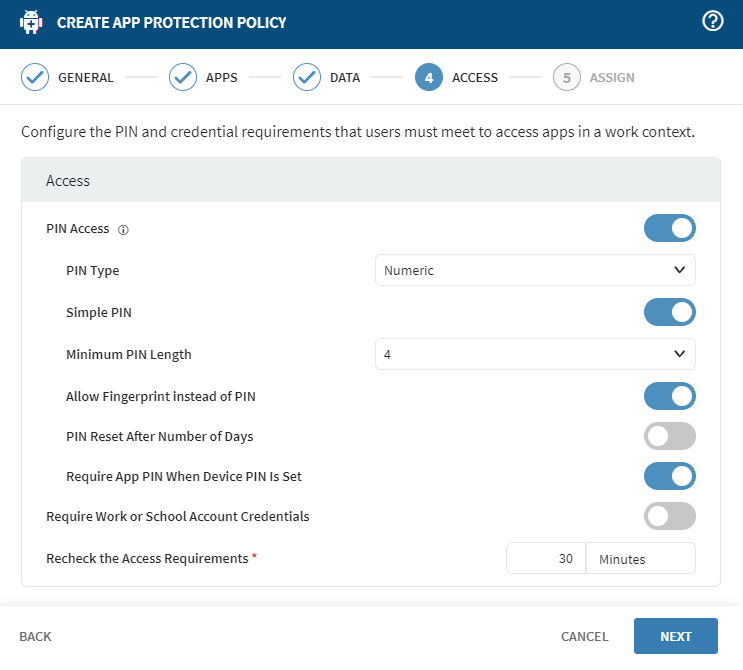 Access settings