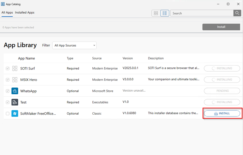 Installing applications from the List view