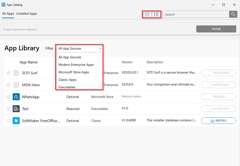 Toggling to List view and filtering applications based on their sources.