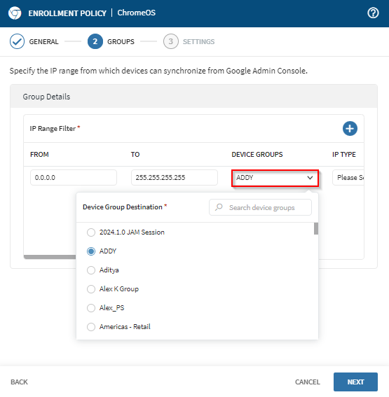 Selecting a Destination Device Group