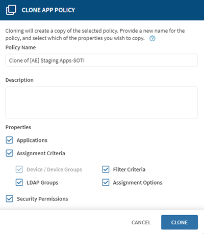 Clone App Policy dialog