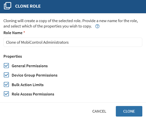 User and Permissions: Clone Role dialog