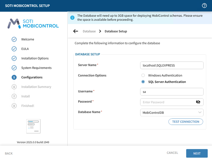 Database Connection panel of the SOTI MobiControl Installation Wizard