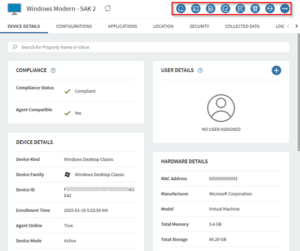 Selecting device actions from a device's information panel.