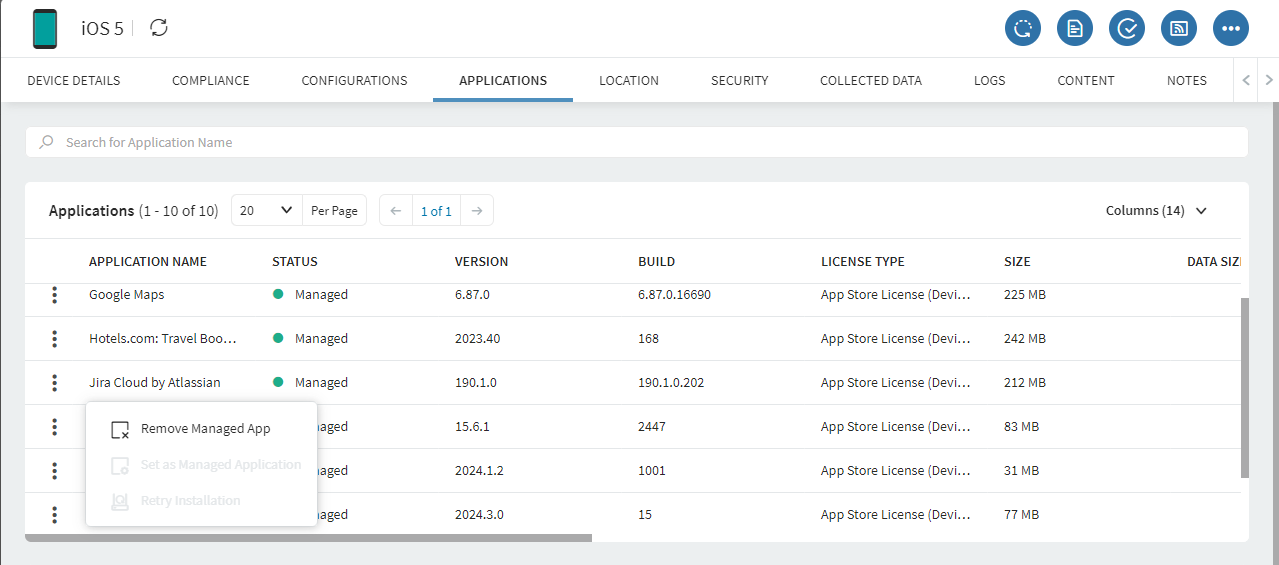 Device Details > Applications Tab > Applications > Set as Managed