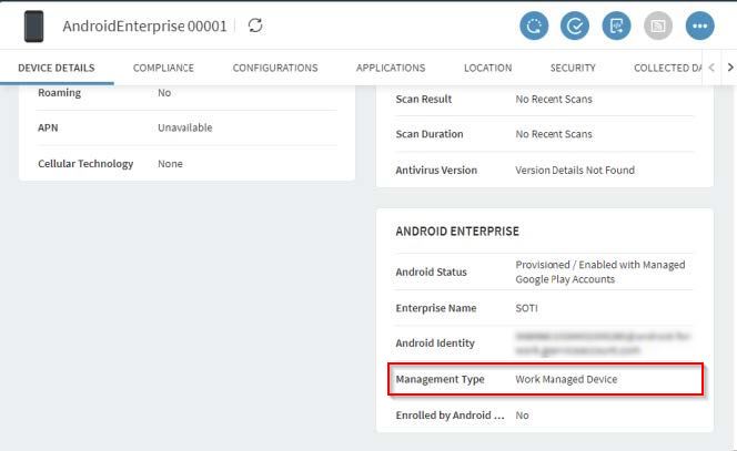 Device Details page showing the enrolled work managed device