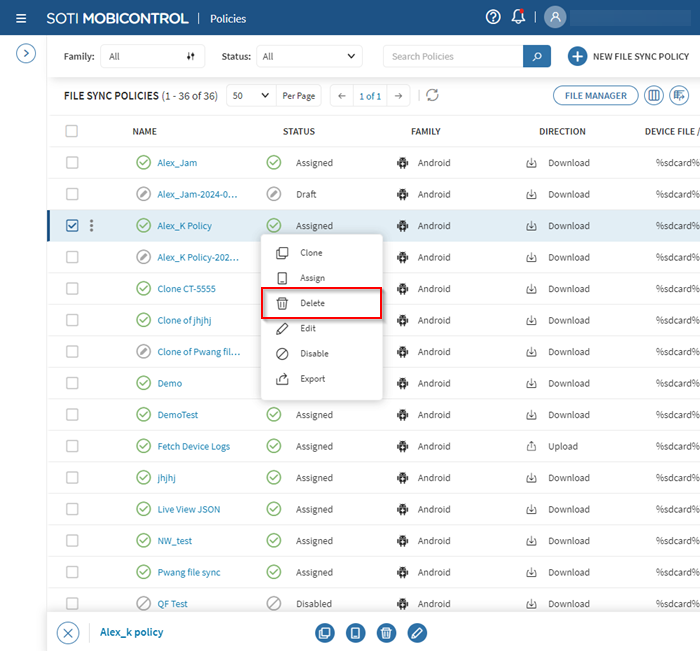 Selecting Disable from the available file sync policy actions.