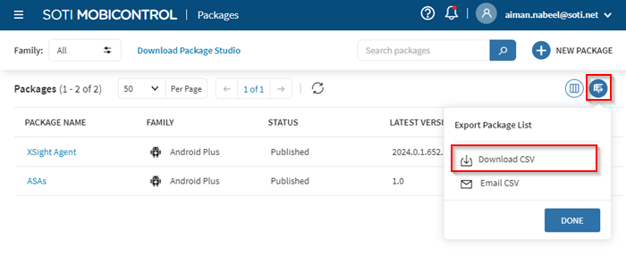 Downloading the packages view in a .csv file.