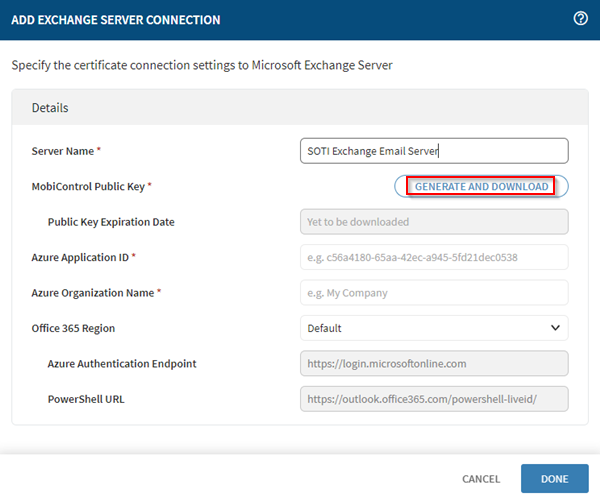 Exchange email generate key