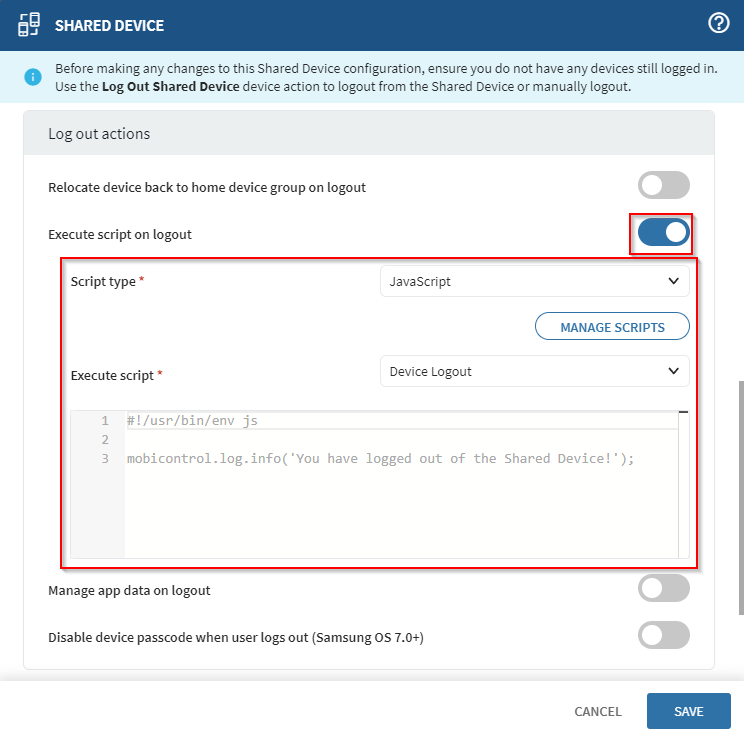 Shared Device panel with Execute script on logout controls highlighted