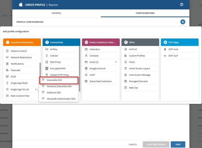 Selecting the Extensible SSO profile configuration in a Reactive iOS profile.