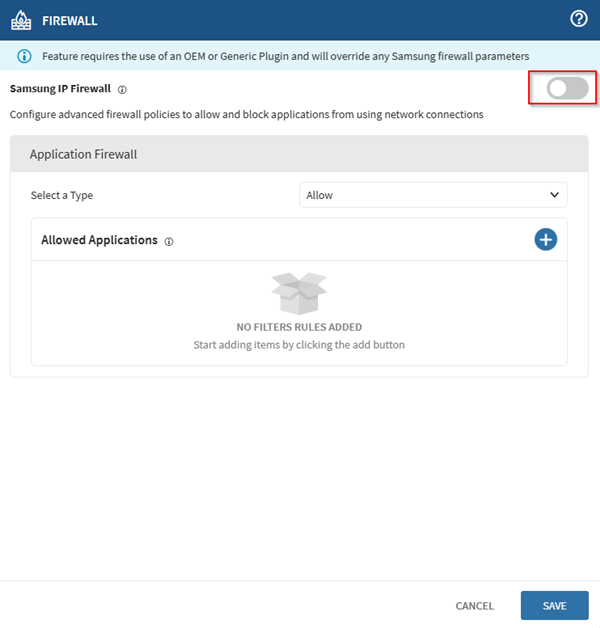 Toggling on Samsung IP Firewall in the Work Managed firewall profile payload to configure advanced network traffic filtering and rerouting.