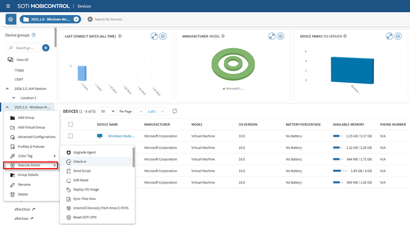 Selecting Execute Action on a device group.