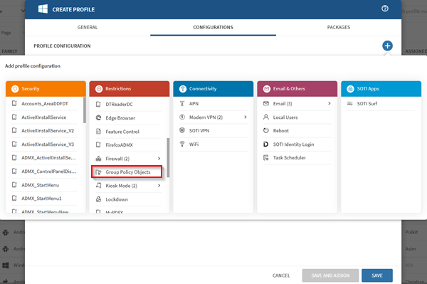 Selecting the Group Policy Objects configuration in a Windows Modern profile.