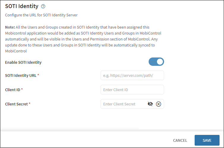 The SOTI Identity panel showing configuration options