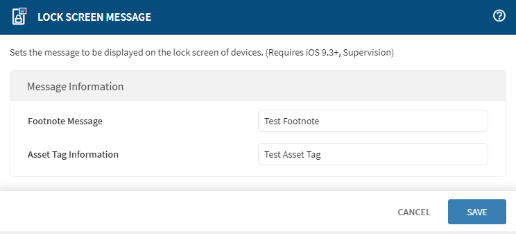 iOS lockscreen footnote message and asset tag