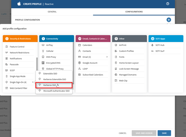 Selecting the Kerberos SSO profile configuration in a Reactive iOS profile.